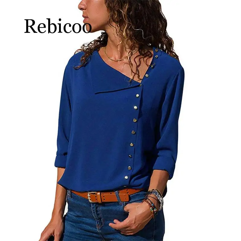 Chiffon Blouse 2019 Fashion Long Sleeve Women Blouses and Tops Skew Collar Solid Office Shirt Casual Tops