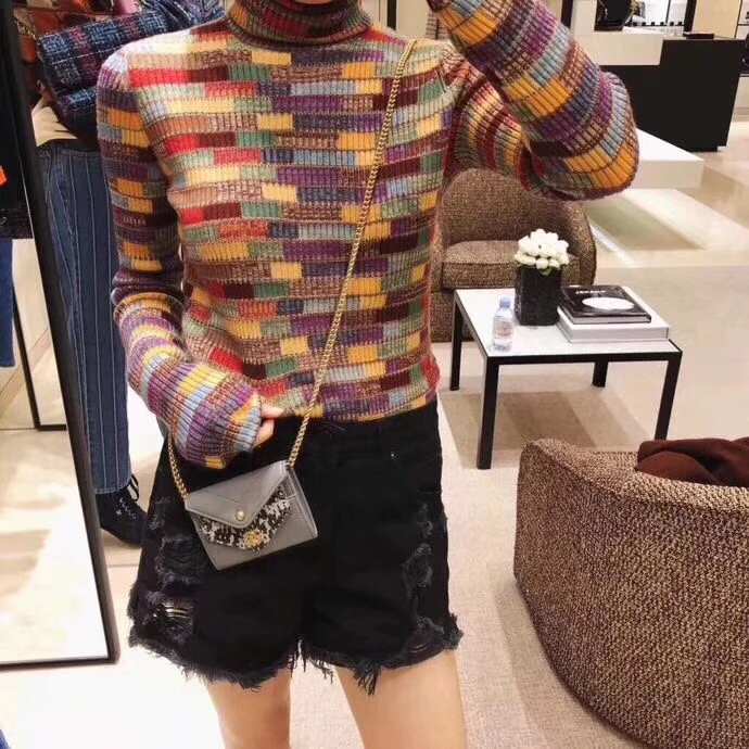 

High Quality New Arrival 2018 Autumn Women Knitted Sweaters Fashion Striped Long Sleeve Bodycon Slim Turtleneck Wool Pullover