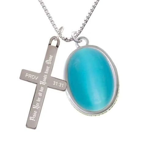 Oval - Imitation Cat's Eye - Dark Teal - - Praise Her - Cross Necklace (1)