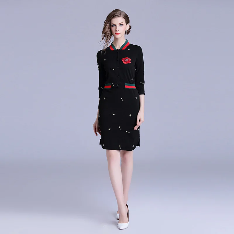 

Spring Fall Black Style Women Long Sleeve Mini Dress Fashion Casual Embroidery A-Line Work Dress Sheath Bodycon Dress