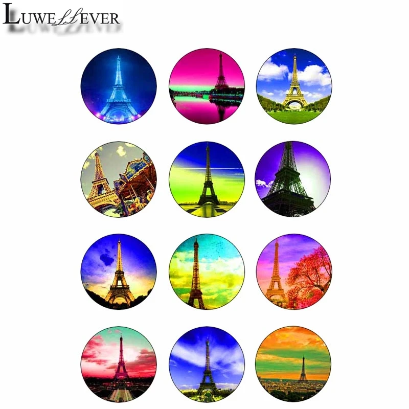 

14mm 16mm 12mm 20mm 25mm 334 12pcs/lot Eiffel Tower Mix Round Glass Cabochons Jewelry Findings 18mm Snap Button Charm Bracelet