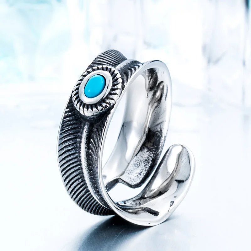 Beier Green Stone Woman And Man Stainless Steel Retro Style Gothic Unisex Feather Ring For Girl Boy BR8-367