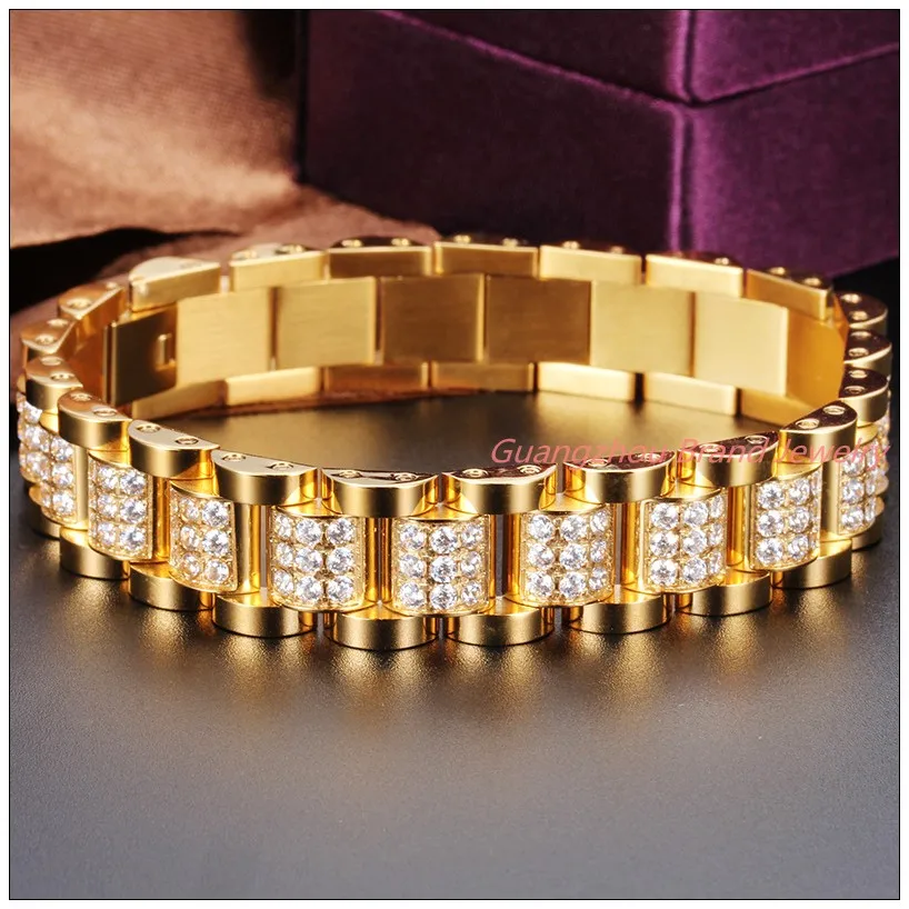 

(19.5cm)7.67"*13mm 53g New Charming Inlaid Crystal Jewelry 316L Stainless Steel Gold color Tone Link Women Girl Bracelet Bangle