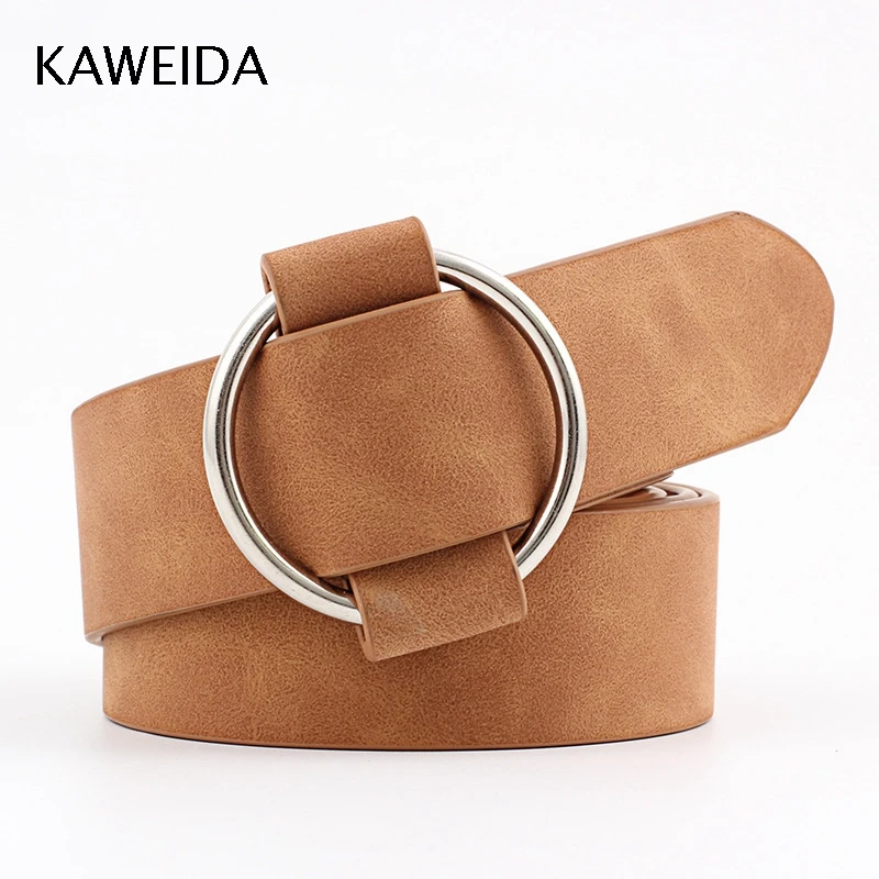 

KAWEIDA Trending 2018 New Female Thin Solid PU Leather Circle Buckle Belts Ladies Casual Waist Belt for Women's Jeans Kemer Riem