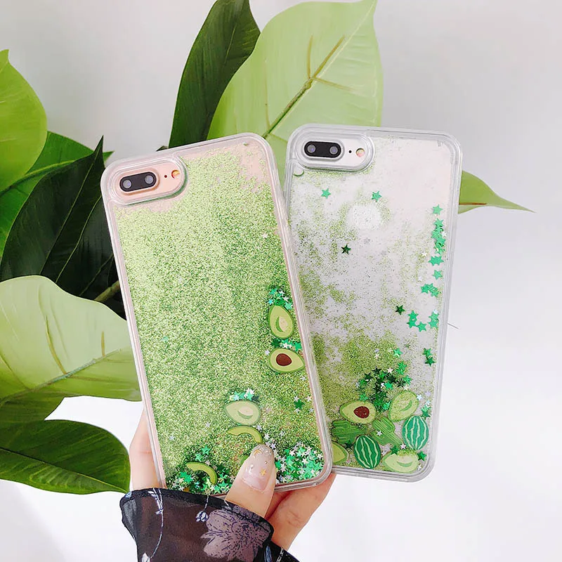 

Avocado and watermelon quicksand case for iphone 7 8 X cases silicone TPU PC Dynamic liquid glitter cover for iphone 6 6s 7 plus