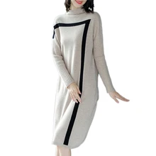 Вязаная женская одежда, новинка, весенний качественный свободный шерстяной пуловер средней длины, Осень-зима, большой размер, женское платье-свитер Vs424