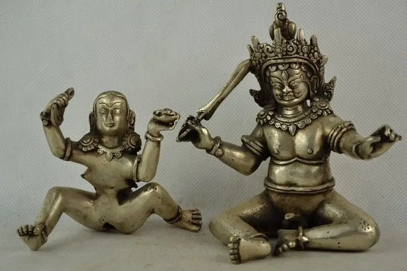 Коллекционирование Старый Оформлен Ручная Тибет Серебряные Carving MAKE LOVE Статуя