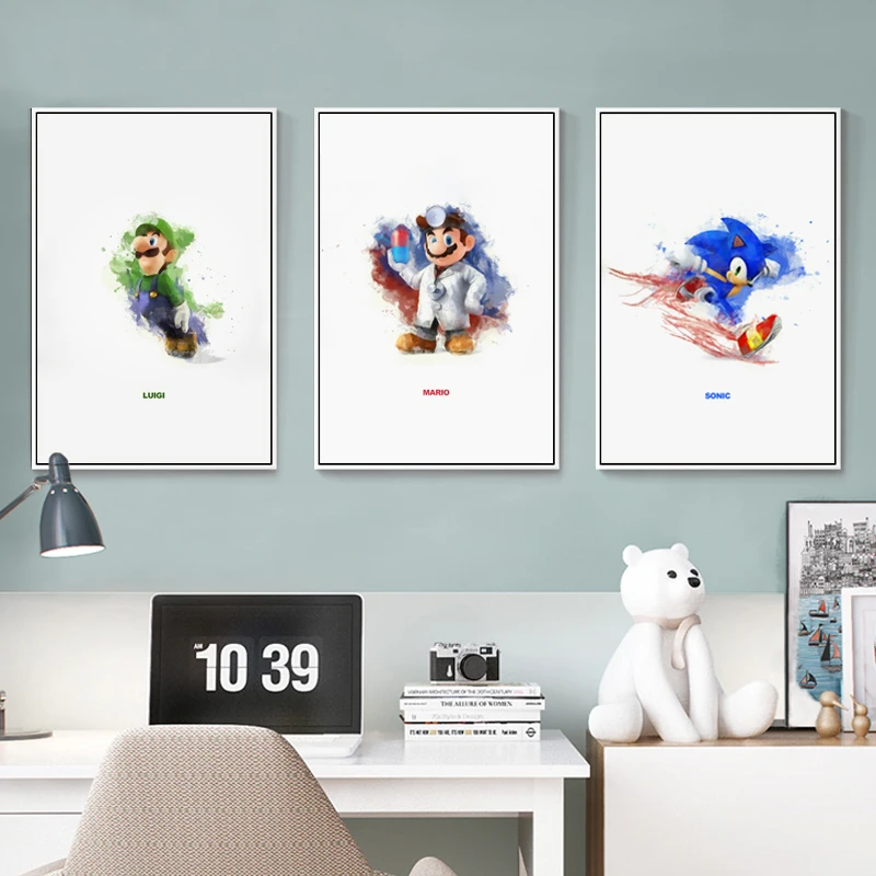 élégant Poésie Simple Peinture Splash Classique Jeu Mario Sonic Dessin Animé Toile Art Impression Affiche A4 Photo Décoration Décor à La Maison