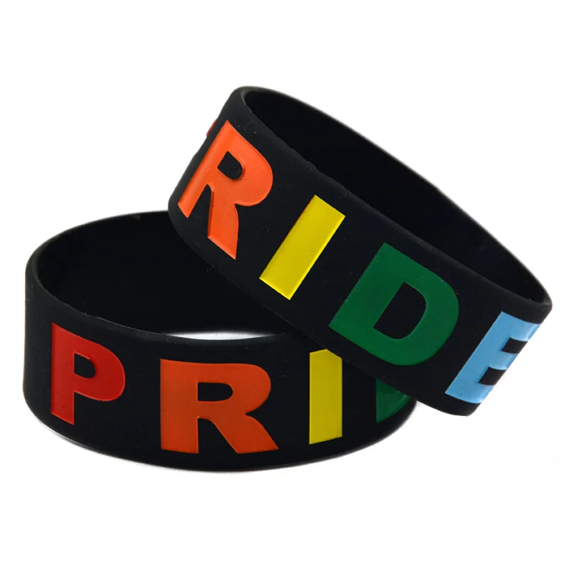 

OneBandaHouse 1PC 1 Inch Wide Bracelet Rainbow Colour Logo Pride Silicone Wristband