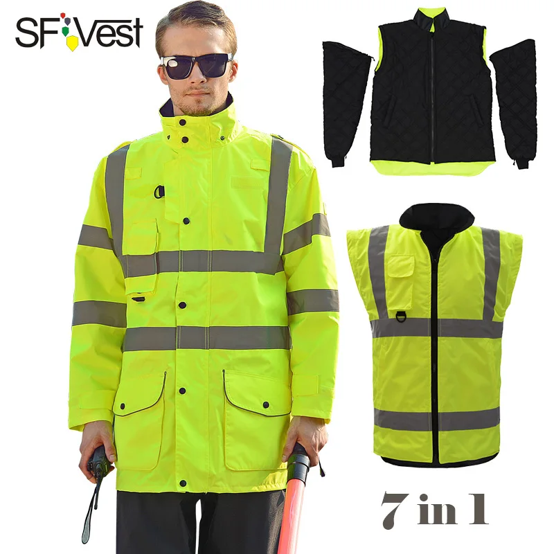 SFVest высокая видимость EN20471 ANSI 107 класс III Светоотражающая Куртка Съемная 7 в 1 парка куртка