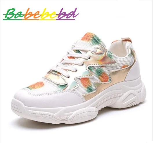 

Women's sneakers vulcanized shoes 2019 spring height women's sponge cake thick bottom colorful breathable mesh surface casual
