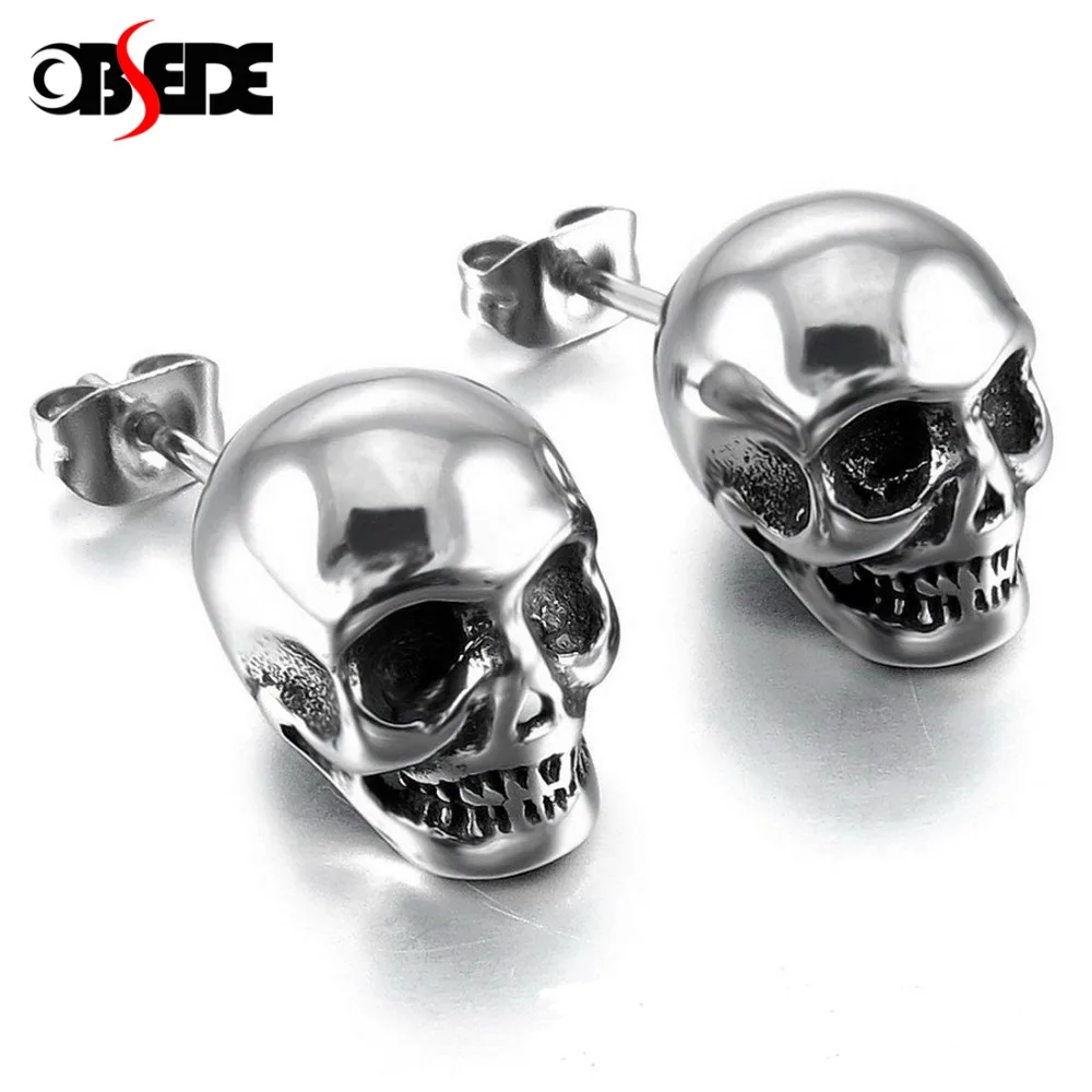 OBSEDE Punk Skull Earrings for Men Boys Cool Silver Jewelry Hip hop