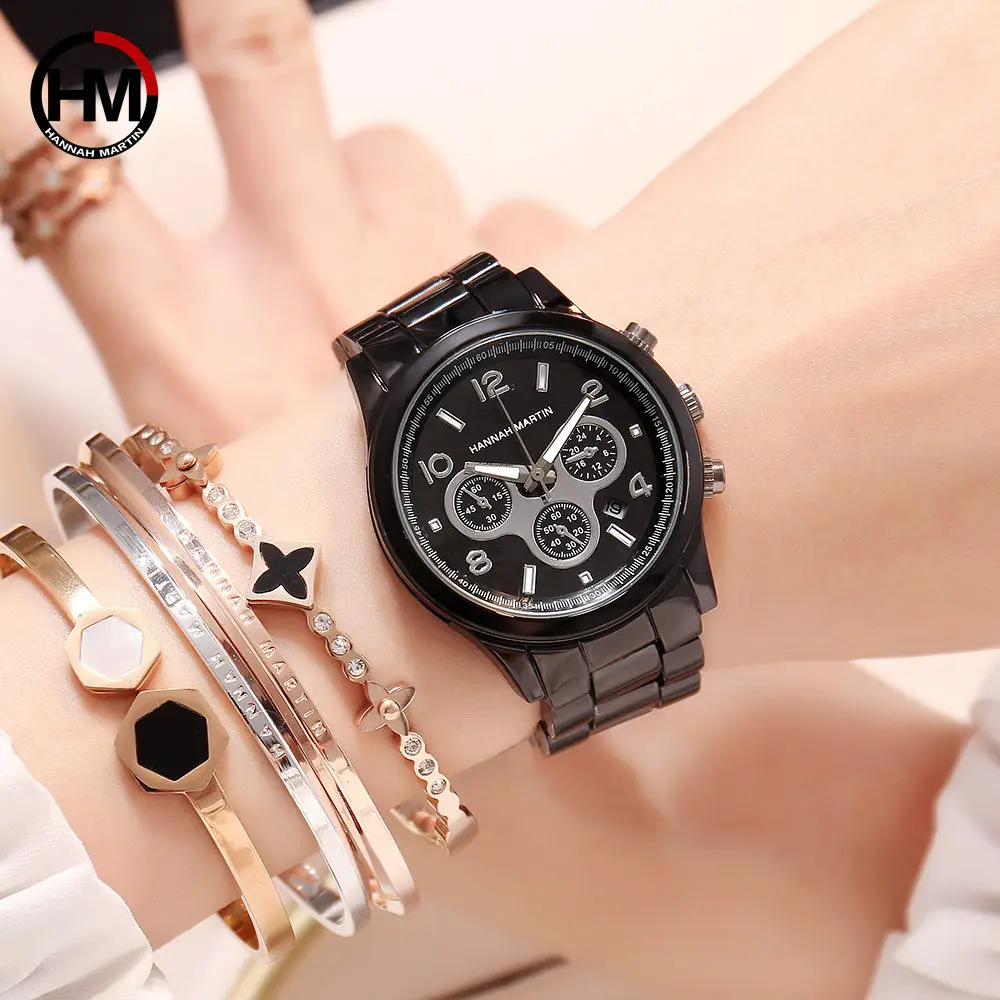 

Women's Black Polished Fashion Wrist Watch Calendar Function Quartz Waterproof Stainless Steel Zegarki Damskie