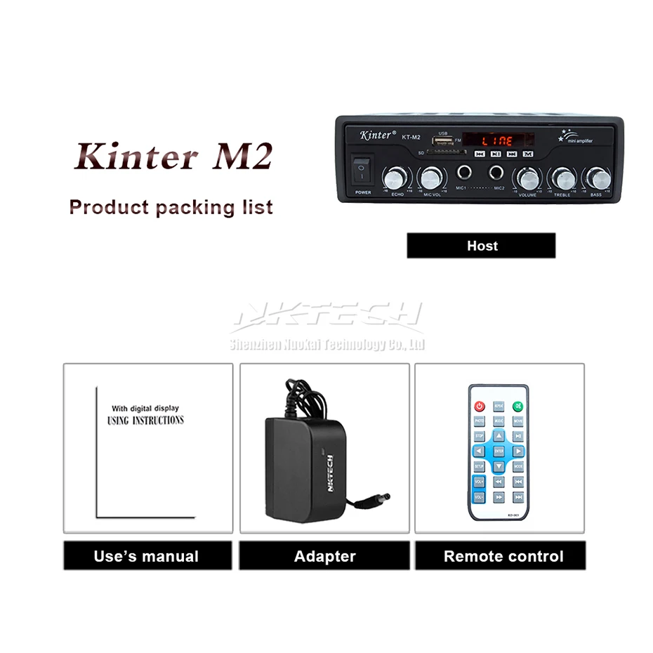 Усилитель мощности Kinter KT-M2 цифровой аудио видео плеер 2x25 Вт Hi-Fi стерео 2x микрофон бас USB SD MP3 FM DC12V 220-240 в караоке MP4 - Цвет: With 12V 3A Adapter