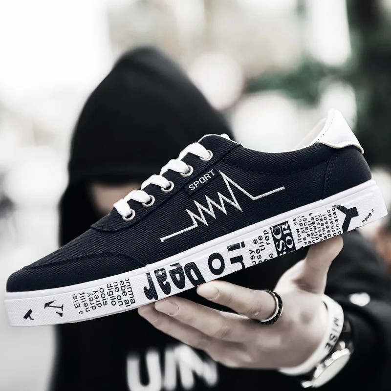 Fashion Printed Canvas Shoes Men Sneakers Low top Black Shoes Lace-up Men's Casual Flats Shoes Male Brand Canvas Sneakers