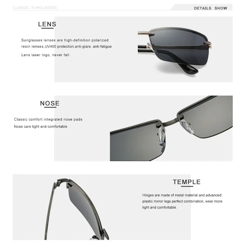 OLEY брендовые прямоугольные мужские поляризованные солнцезащитные очки, нержавеющая сталь, скрытая внутренняя оправа, HD солнцезащитные очки, очки для вождения, рыбалки