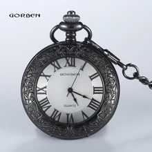 GORBEN Римские цифры Круглый Циферблат Прозрачный Гиалиновые Черный Кварцевые Карманные Часы БРЕЛОК Талии Цепочку для Женщин мужчин Подарки
