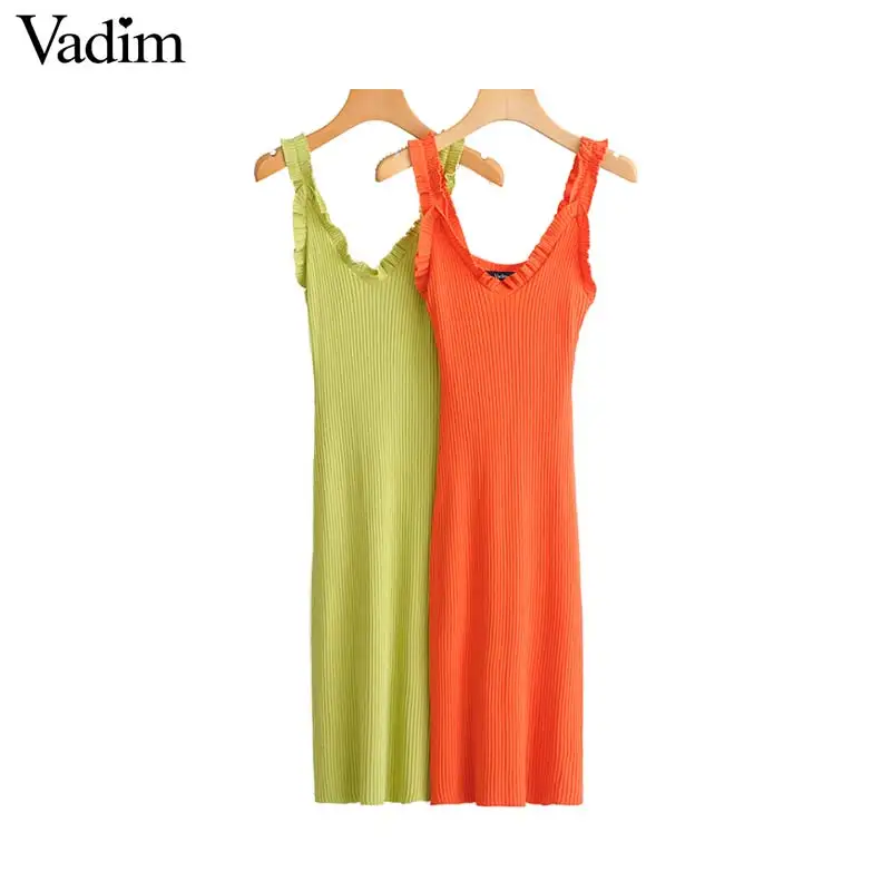 

Vadim women knitted sexy V neck midi dress spaghetti strap sleeveless stylish female mid calf orange green dresses vestido QC018