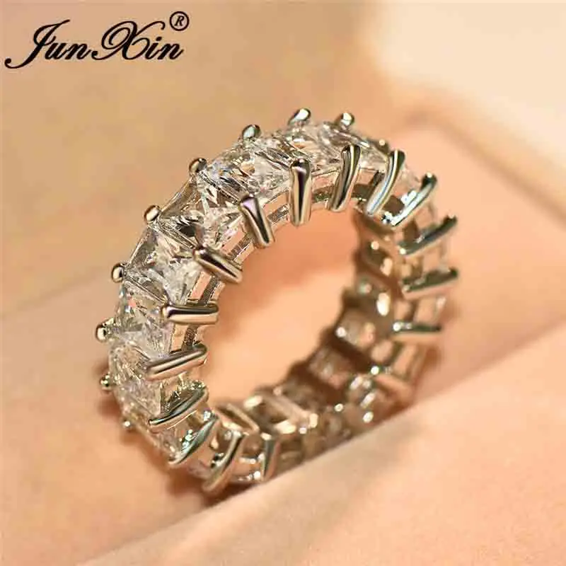 JUNXIN Boho женские хрустальные круглые обручальные кольца для женщин 925 серебряного цвета квадратной формы с цирконом обручальное кольцо винтажное модное ювелирное изделие