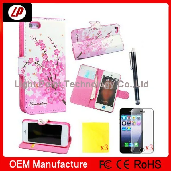 Flower phone case 8IN1 Pink PU Leather Cell Phone Cases For iphone 5 5s Flip Folio Case Bag Wallet Stand Holder |