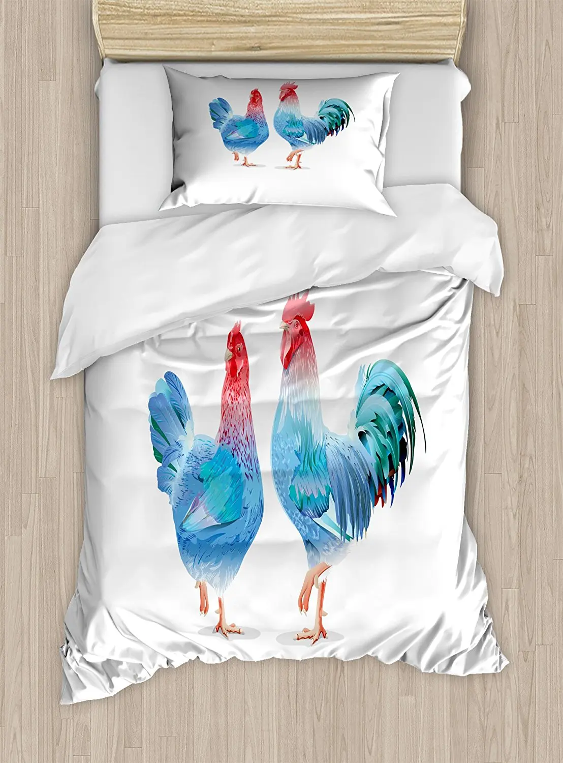 Chicken Duvet Cover Set Blue Rooster and Hen Domestic Farm Animals in