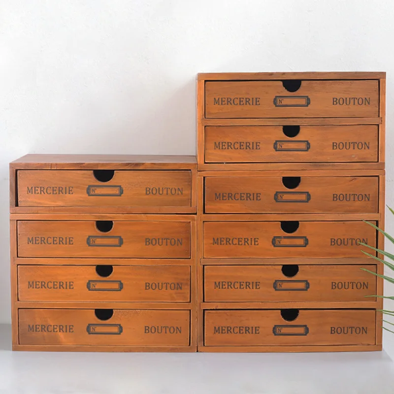 Retro Wooden Storage Box Home Office Desktop 4 Layer Drawer