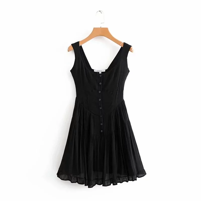 Летнее хлопковое мини-платье с оборками, женское сексуальное пляжное платье без рукавов, повседневные женские платья, корейское черное винтажное платье vestidos