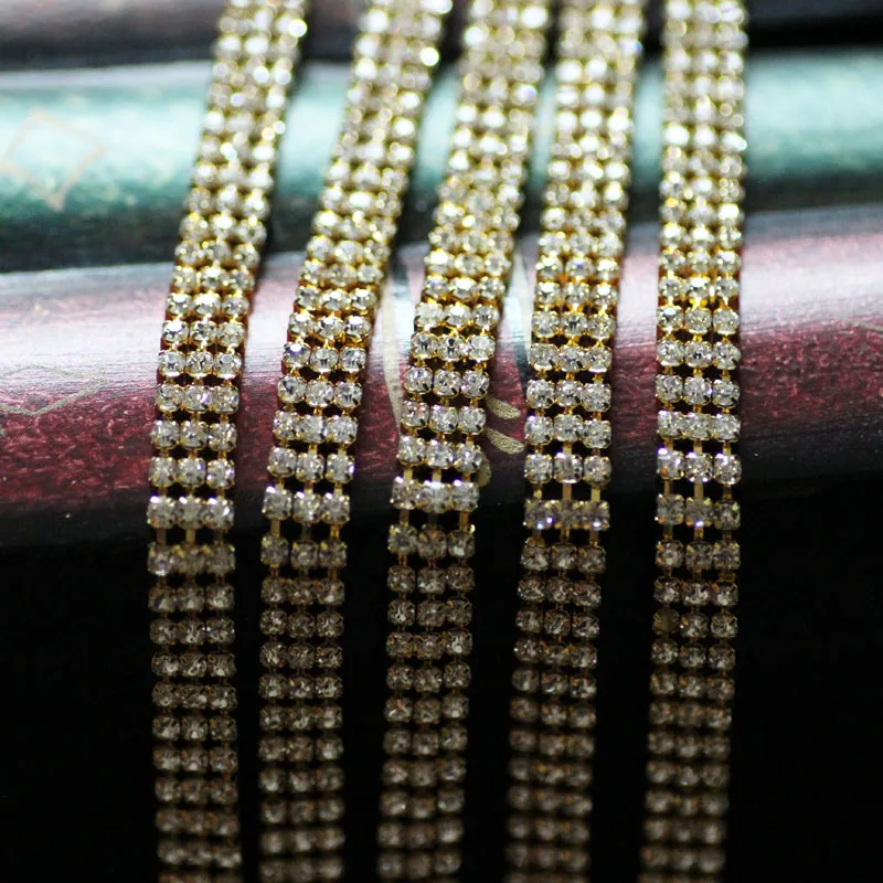 

Free Shipping 10yard 3 rows SS12 Gold Sew On Rhinestone Chain, Rhinestone Applique,Wedding Applique,Rhinestone Trim LSRT12184-1