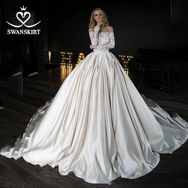 

Swanskirt Boat Neck Vestido de novia Wedding Dresses 2019 New Fashion Appliques Beaded Ball Gown Chapel Train Bridal Gown HZ06