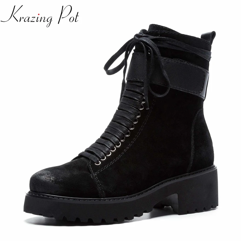 

Krazing Pot cow suede lace up rivets boots women round toe rock punk platform square heels solid women cowboy ankle boots L02
