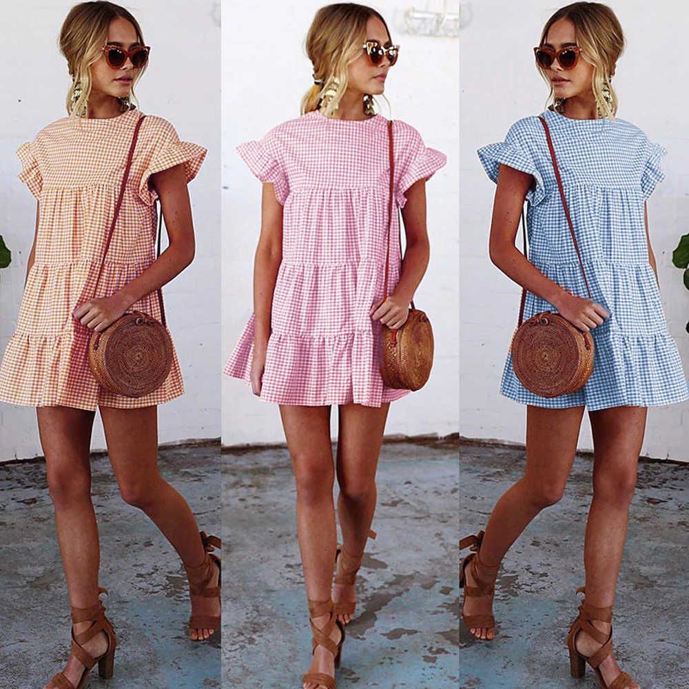 

JAYCOSIN Fashion Girl Polyester Plaid Printing DressWomen Folds Sleeve Elegant Mini Dress Clothing For Women Drop Ship 9.4