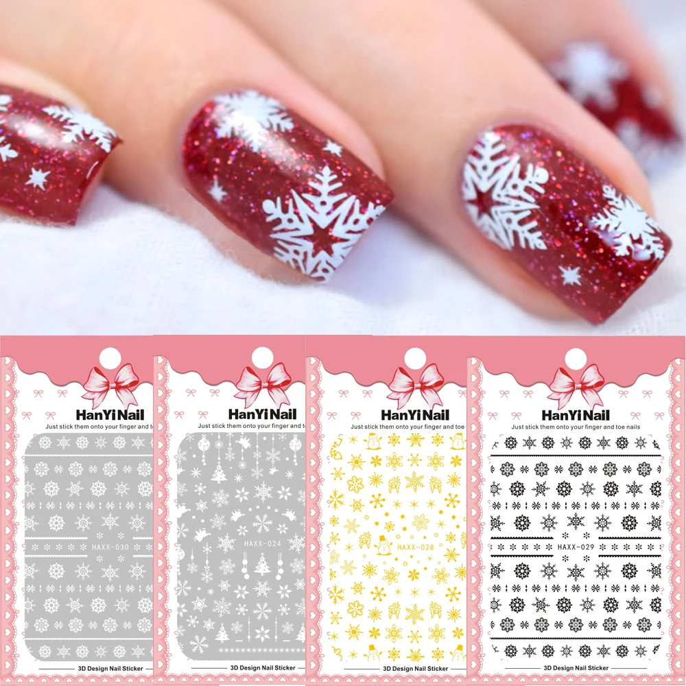 

1pc White Gold Snowflake 3D Nail Sticker Santa Claus Deer Pattern Christmas Adhesive Transfer Sticker Nail Art Decals Xmas Black
