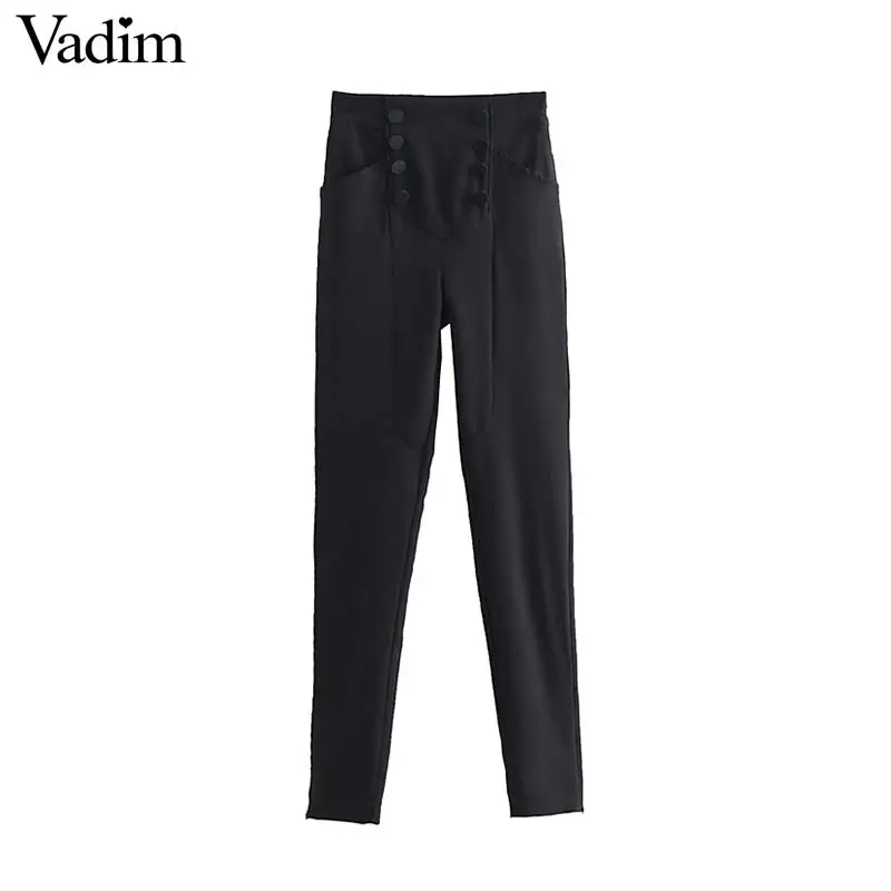 

Vadim women basic pencil pants button decorate side zipper pockets high waist chic long trousers pantalones mujer KA704