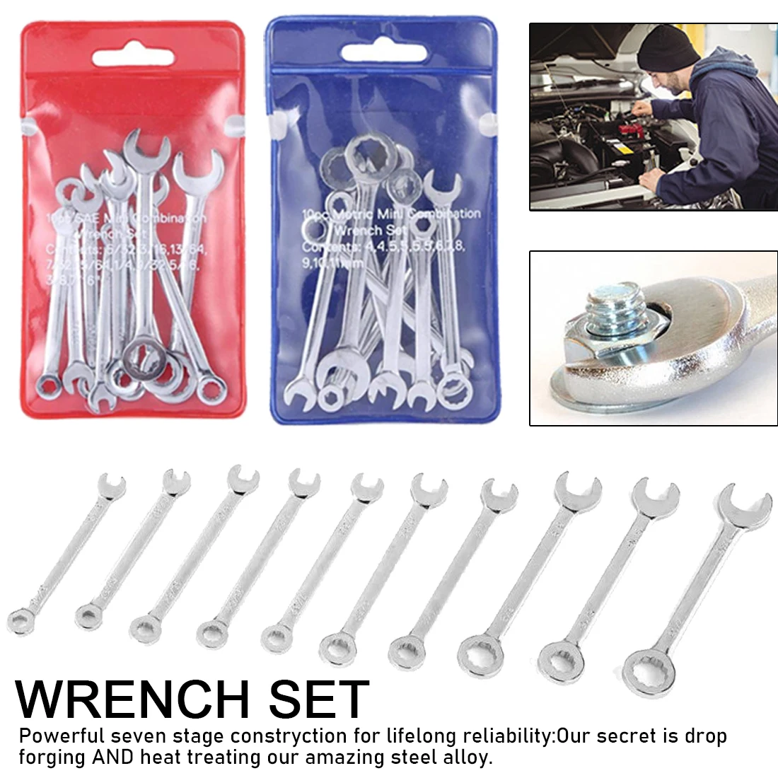 

Chrome Vanadium Spanner Set 10-piece Ratcheting Imperial Double End Combination Wrench Metric Set Nickel Plating