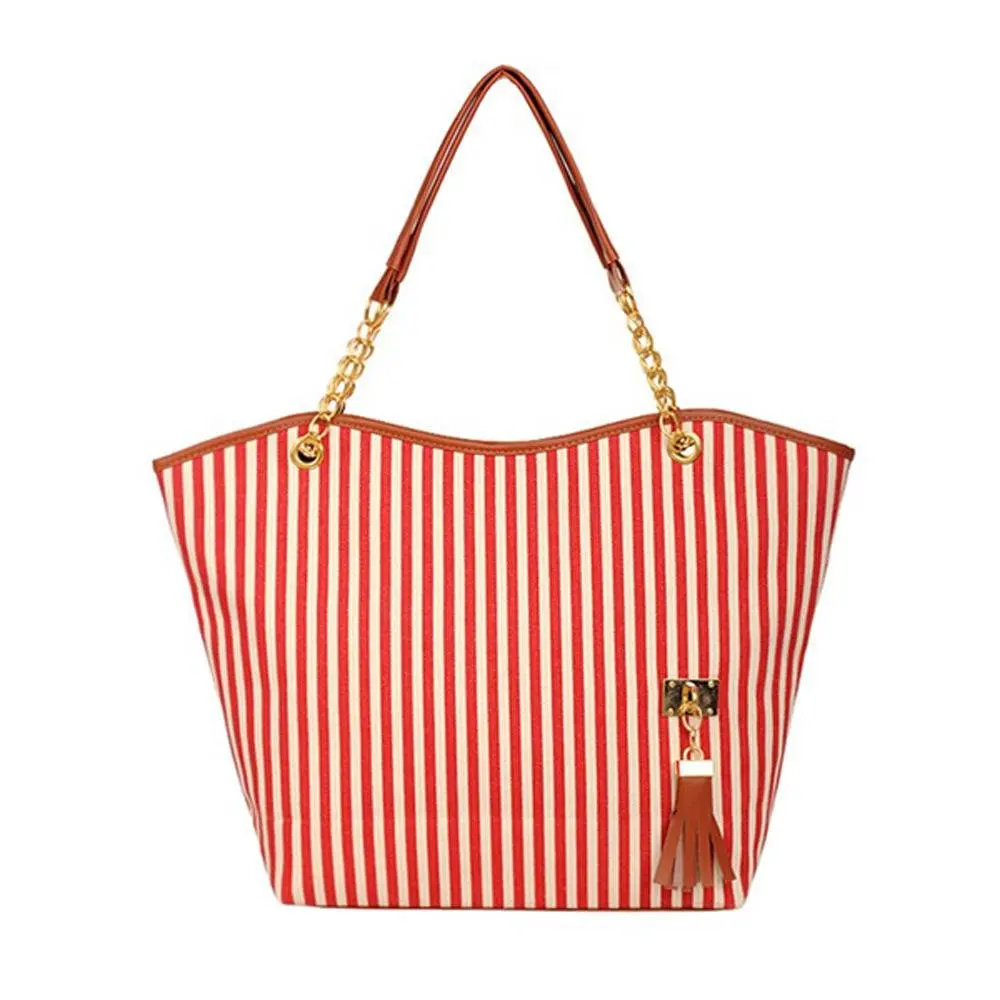 

TEXU Women Canvas Hand Bag Handbag Shoulder Tote Stripe Red