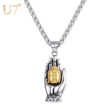 

U7 Men Women Buddha Necklace Hand Palms Pendant Necklace Stainless Steel Trendy Jewelry Necklaces Gifts Wholesale P1163