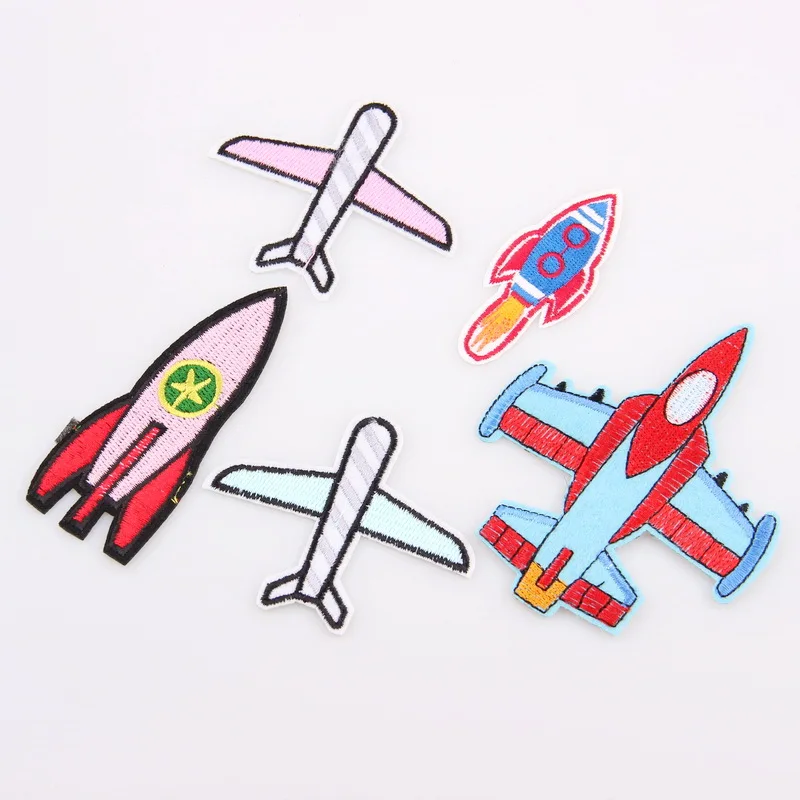 

New Arrival 1PCS Rocket And Airplane DIY Embroidered patches Iron On Cartoon Brooch Applique Embroidery Accessory