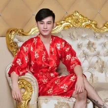 Китайский Fu(Happy) Lu(Wealth) Shou(Longevity) Мужской Красный шелковый халат и пижамы
