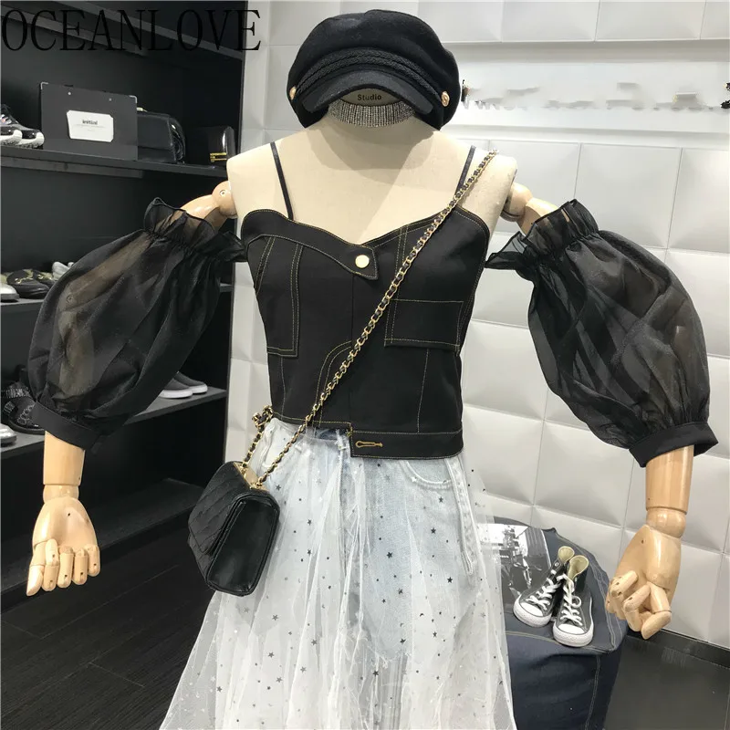 

OCEANLOVE Solid Chiffon Denim Patchwork Women Blouses Summer Lantern Sleeve Shorts Blusas Tops Off Shoulder Lady Shirts 12550