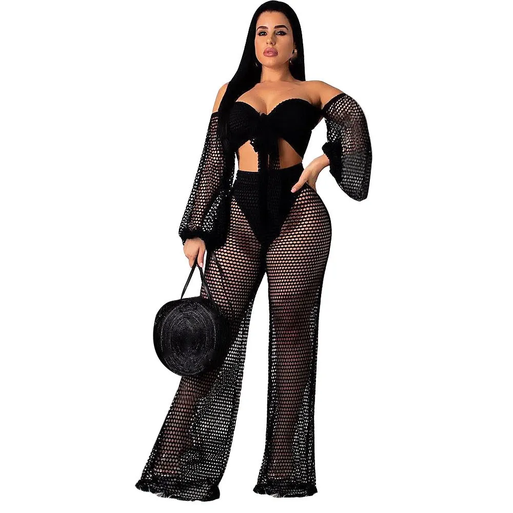 

2019 Women Sexy Club Two Piece Set Fishnet Corp Top and Pants Matching Sets See Through Summer Beach Outfits