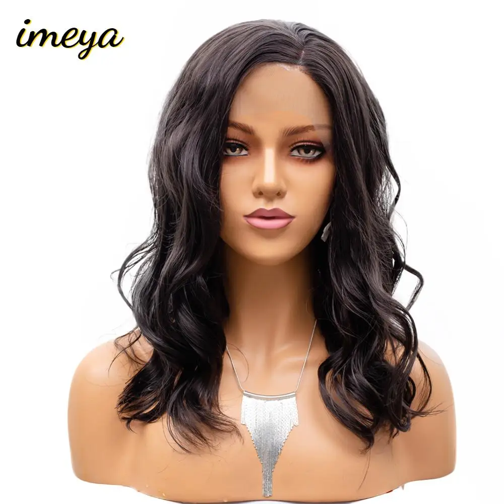 

Imeya #1B Color Short Wavy Wigs High Temperature Synthetic Lace Front Wig For Women Side Part With Natural Hairline