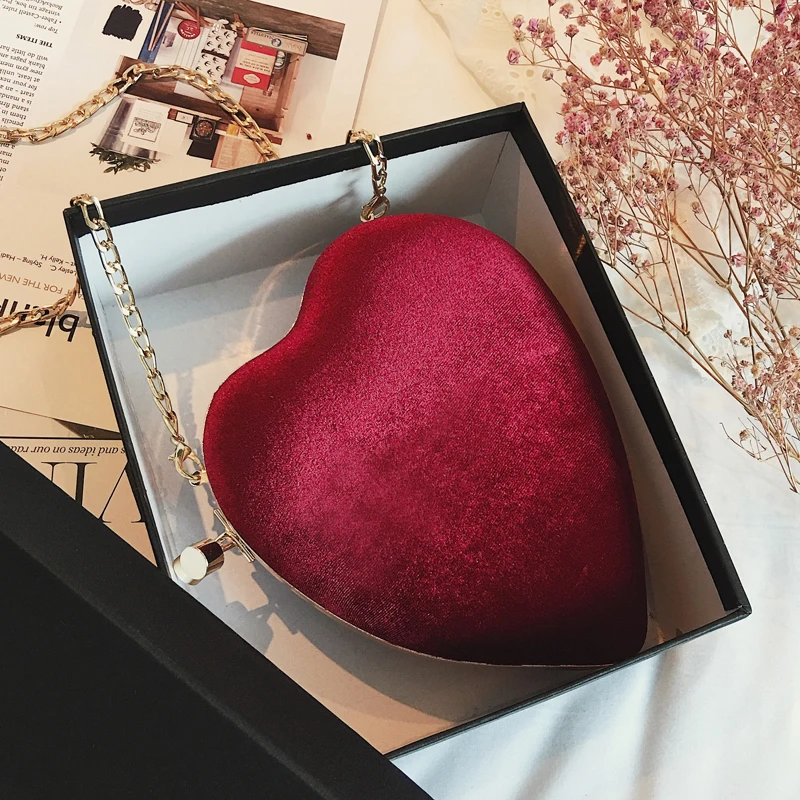 

Cute Fashion Heart Shape Velvet Pu Leather Casual Chain Bag Shoulder Bag Party Clutch Bag Crossbody Mini Messenger Bag For Women