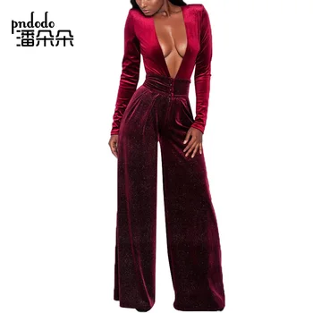 

Pndodo PLUS SIZE Velvet Sexy Deep V Neck Party Jumpsuit Women Wide Leg Long Sleeve Bodycon Glitter Jumpsuit One Piece Romper