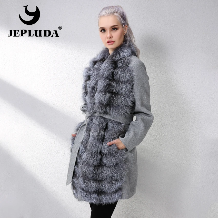 JEPLUDA Новый Кашемировое Пальто Женщин с Натуральной Мех Лисы Женское Шерсть