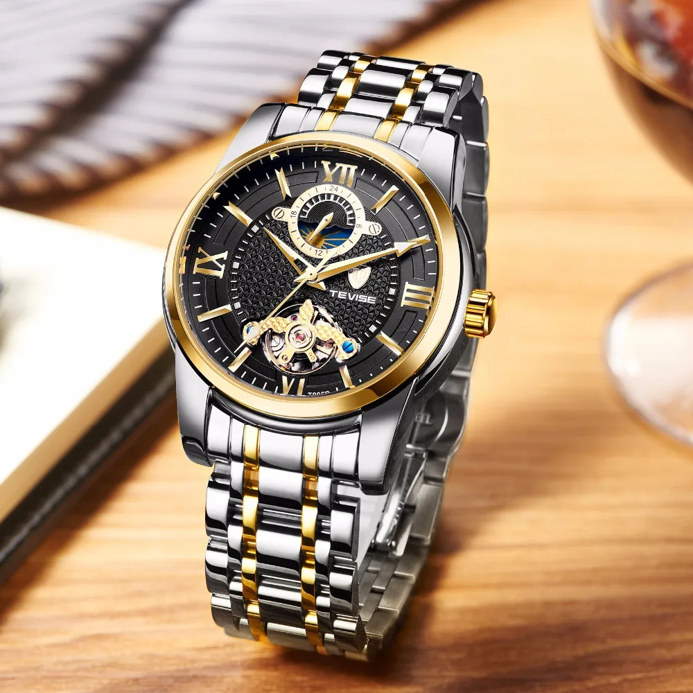 Tevise الفاخرة الأعمال ووتش للرجال توربيون تصميم الفولاذ المقاوم للصدأ التلقائي الميكانيكية ووتش القمر المرحلة 24 ساعة ساعة T805D
