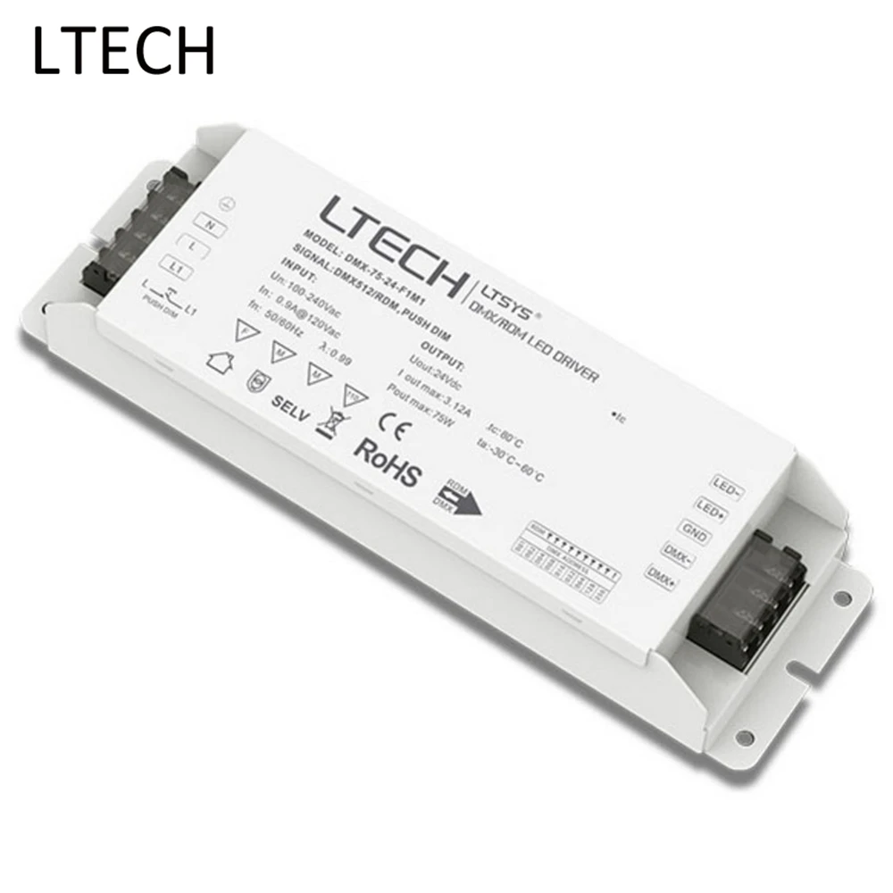 

LTECH Led Dimming Driver 24V/3.1A/75W Output DMX512/RDM AC100-240V Input Led Power Adapter For Led Lights DMX-75-24-F1M1