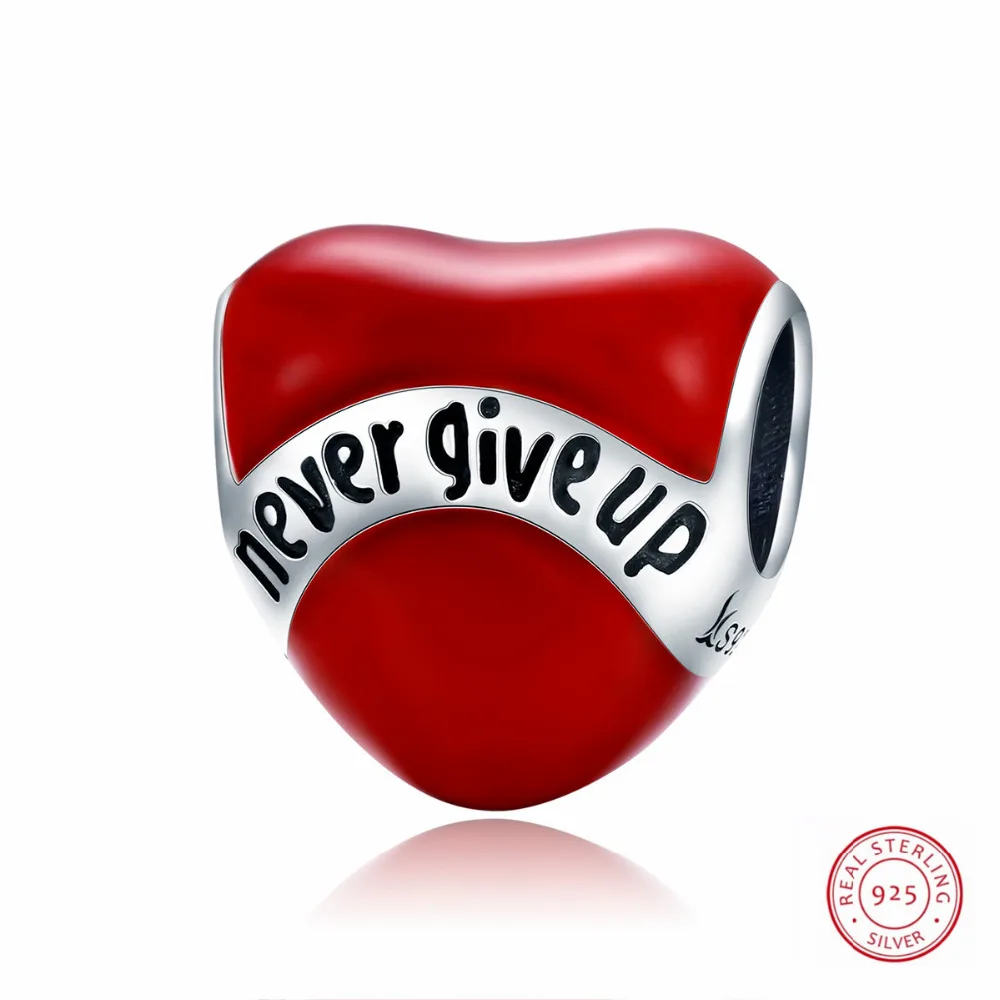 

Romantic Red Heart Charms Beads Stamped Never Give Up for Women Girls 925 Sterling Silver Jewelry Gifts High Quality