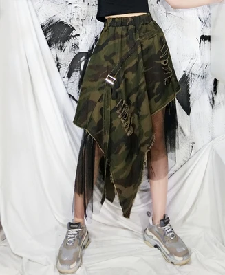 Camouflage Камуфляжная джинсовая женская юбка, летняя мода, сетчатая Асимметричная джинсовая юбка с высокой талией, женская уличная длинная юбка - Цвет: Camouflage