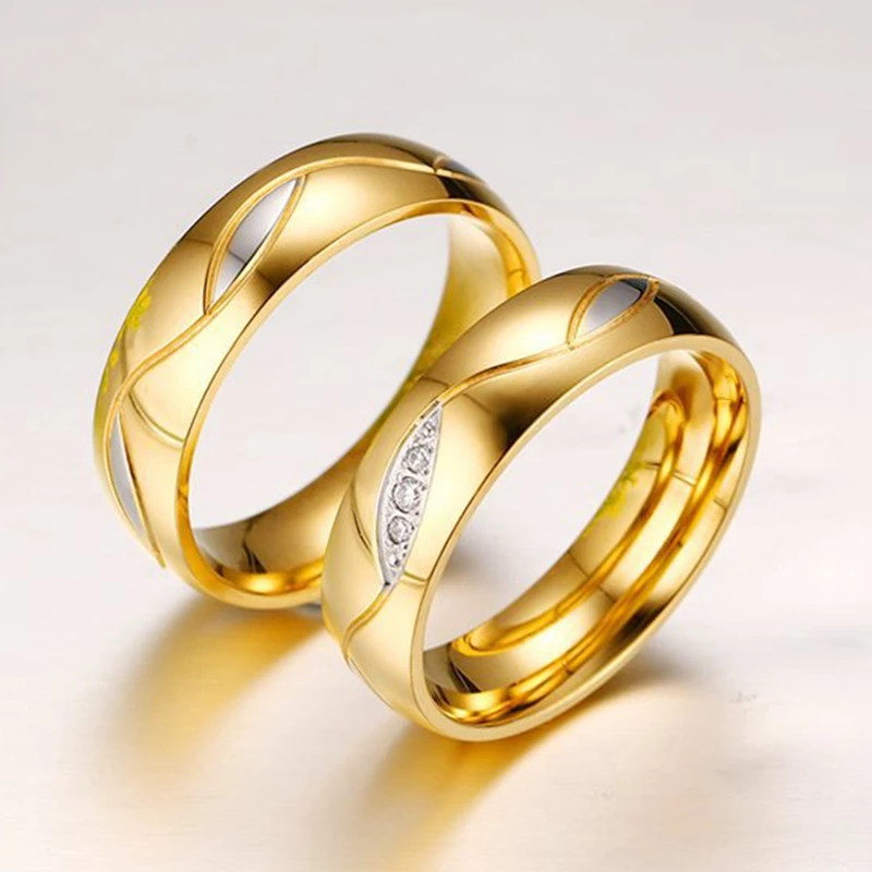 DOYUBO New Arrival Gold Color Lovers' Rings For Wedding European Design 316L Stainless Steel Trendy Couples Rings Jewelry DF007