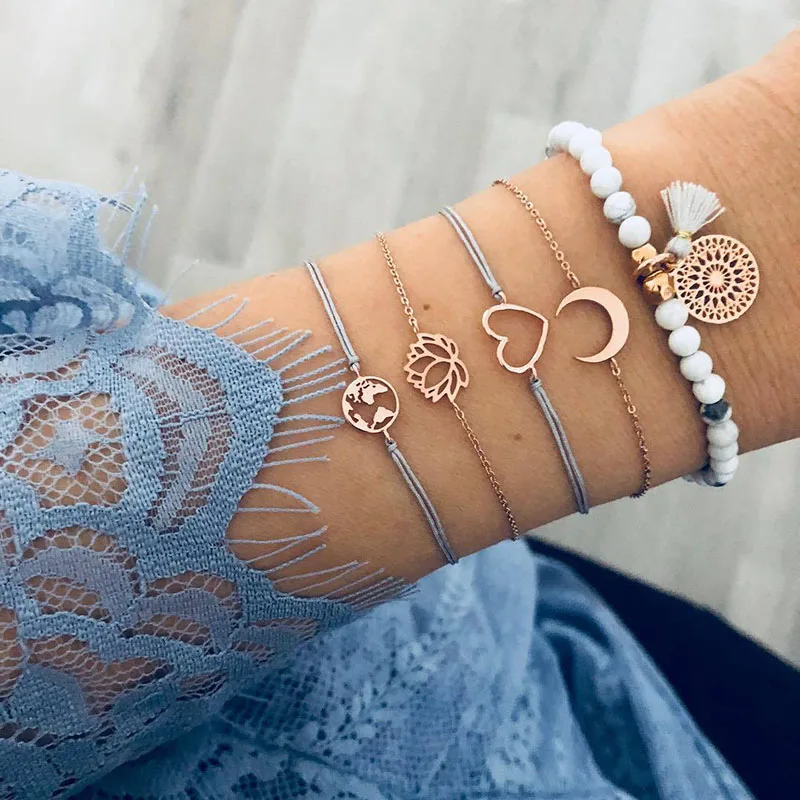 

5 Pcs/Set Natural Stone Beads Love Heart Moon Star Charm Bracelets Bangles for Women DIY Handmade Boho Bracelets Ladies Jewelry